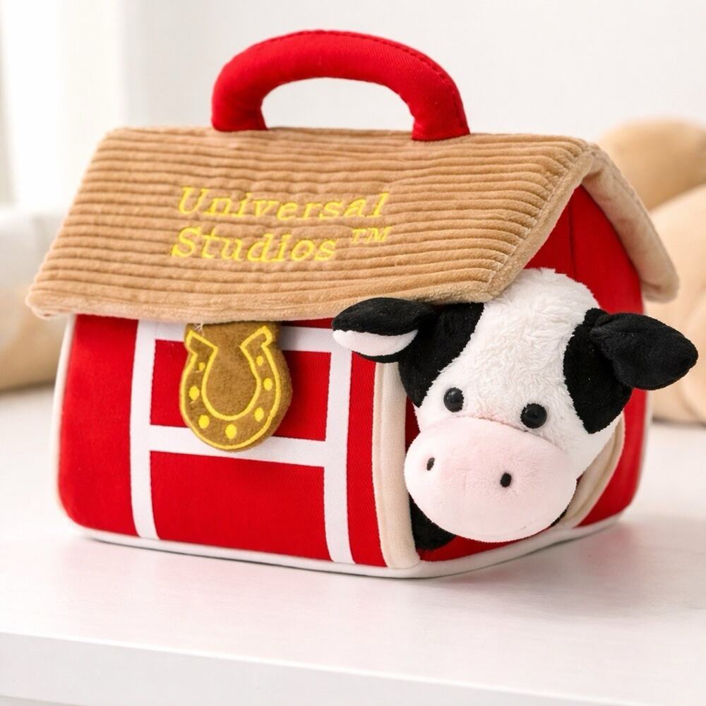 Universal Studios Plush Cow Barn Toy Red Carry Case Farm Stuffed Animal